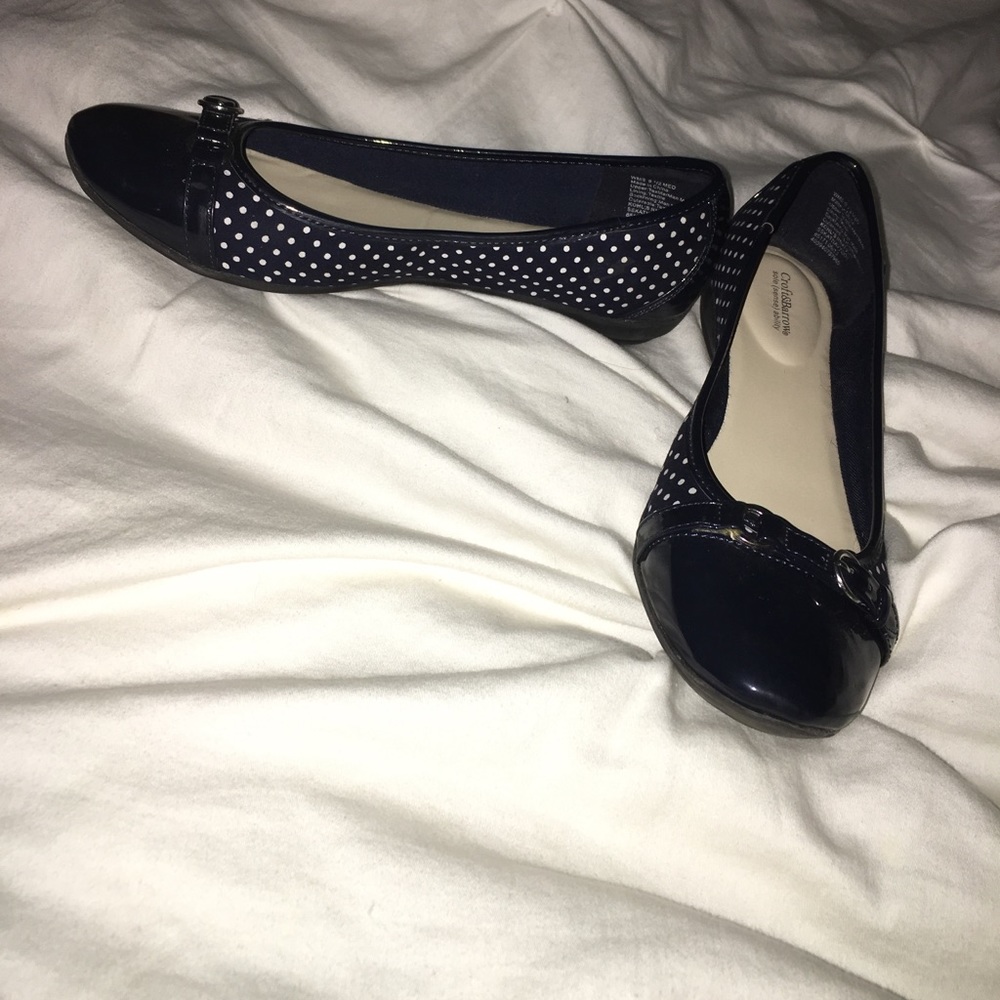 Navy and white polka dot flats